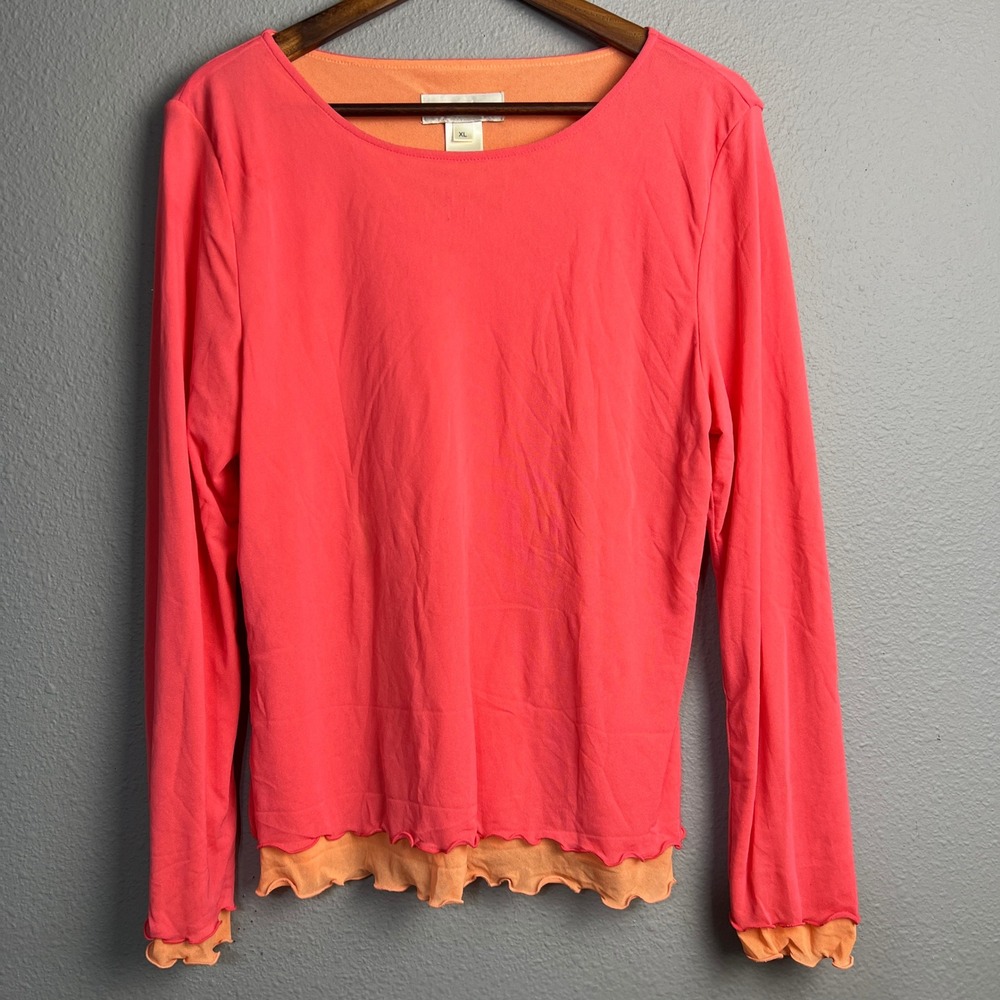 Susan Bristol Layered Colorblock Y2K Top Ruffle Hem Long‎ Sleeve Coral Pink XL